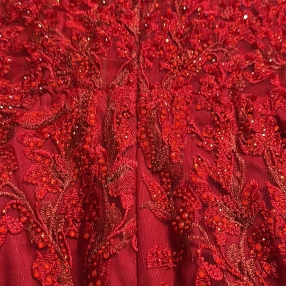 $798 Mac Duggal Size 14 Red Floral Embroidery Jeweled Long Maxi Gown Dress - Picture 7 of 7